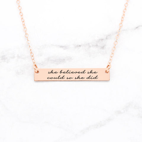 Be Still Necklace - Rose Gold Quote Bar Necklace
