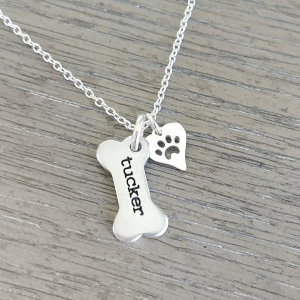 Dog Bone Necklace with Dog Paw Charm