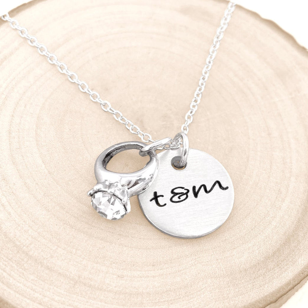 Couples Initials and Engagement Ring Necklace