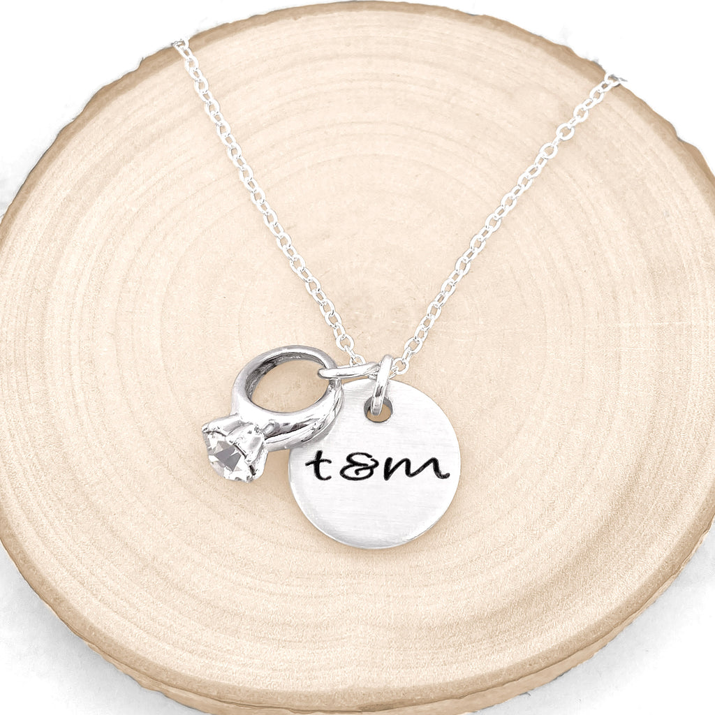 Couples Initials and Engagement Ring Necklace