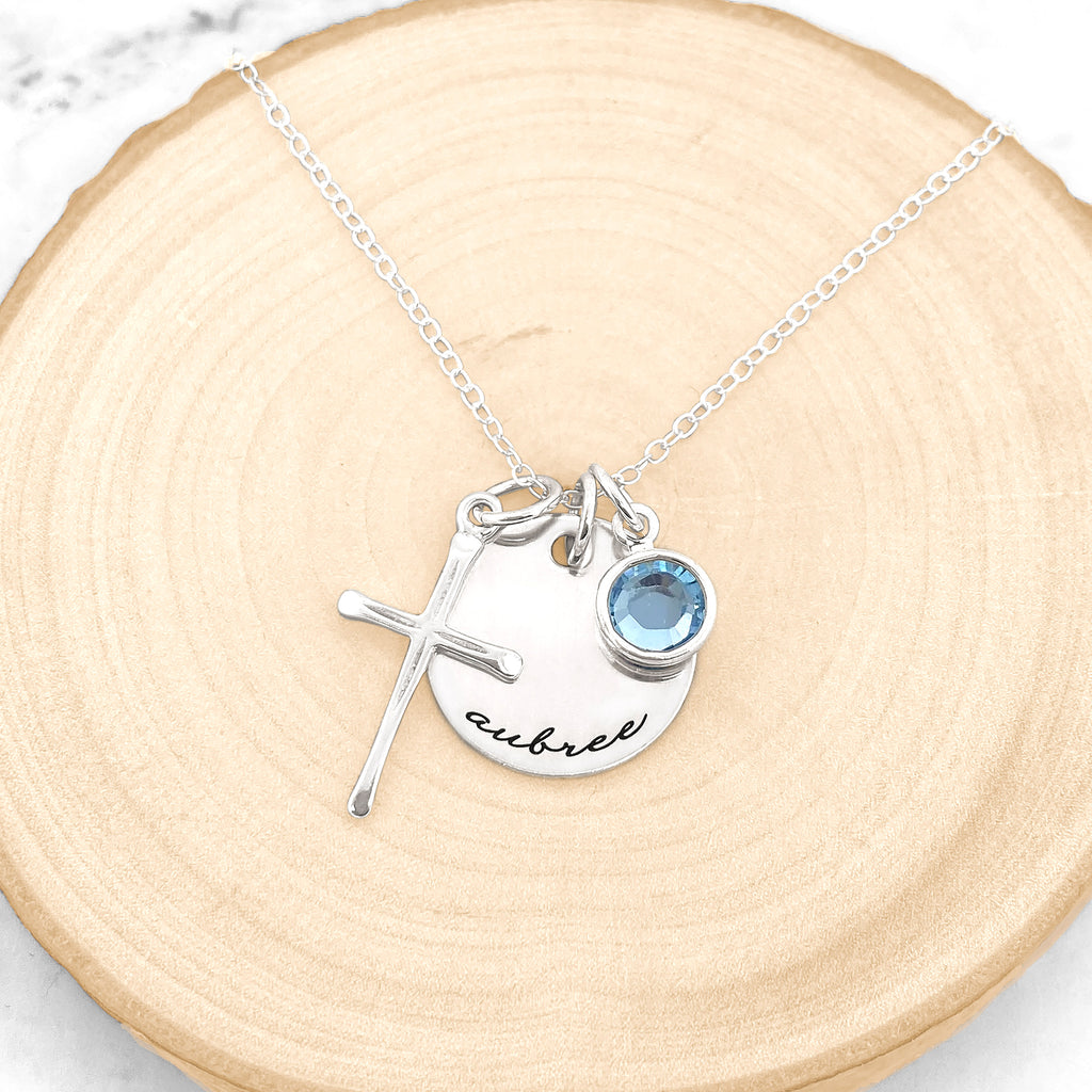 Cross Necklace with Personalized Name Charm and Birthstone