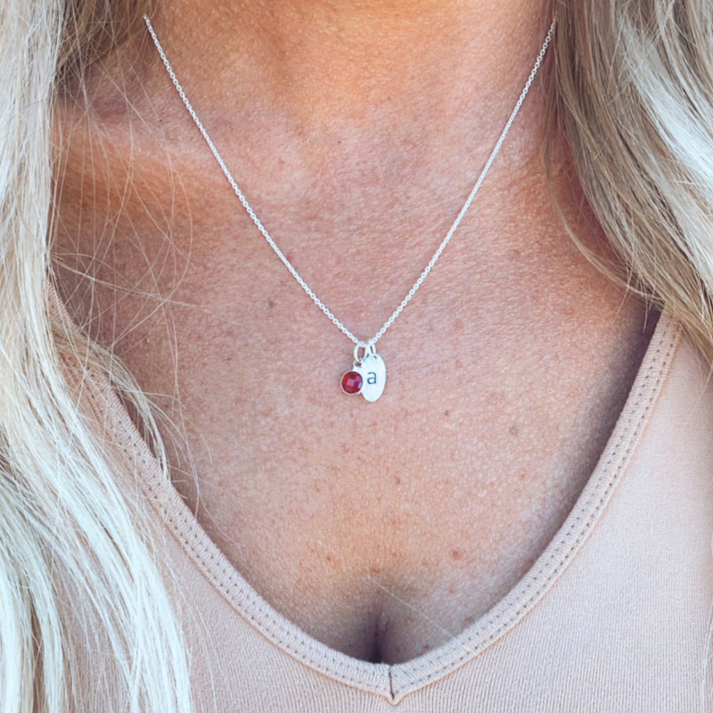 Dainty Oval Necklace - Custom Initial Necklace With Birthstone