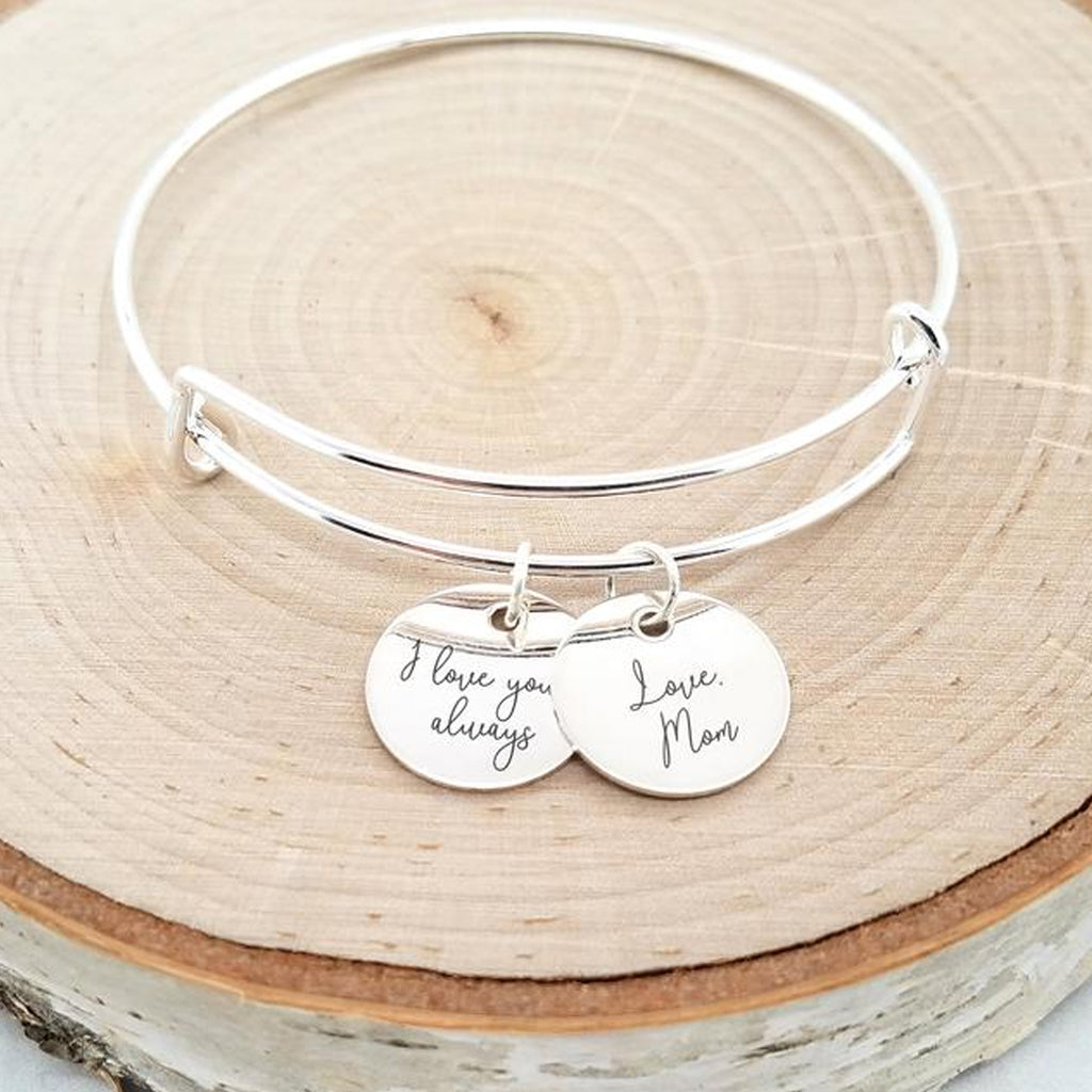 Gold Round Handwriting Custom Charm Bracelet Etched with Your Actual Handwriting on 5/8 Disc