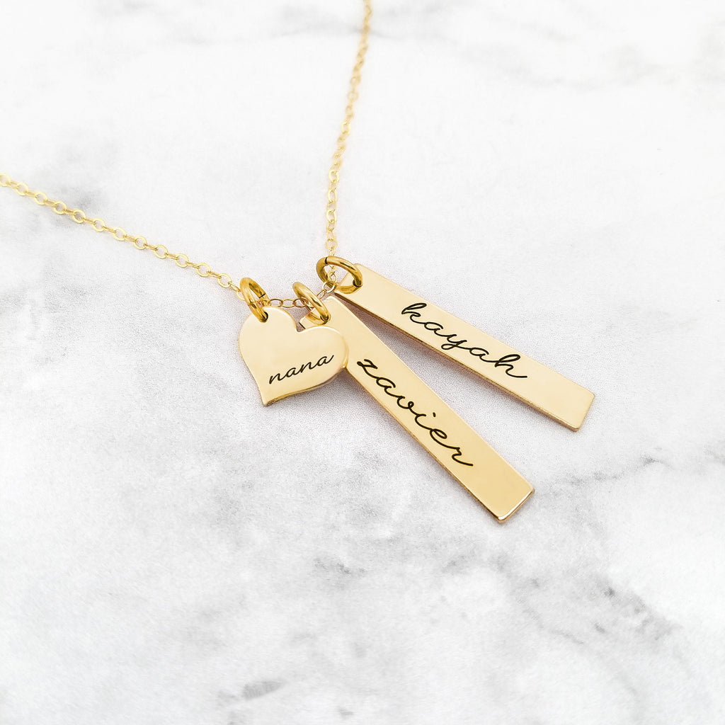 Nana Necklace or Mothers Necklace - Personalized Bar Necklace with Heart - Sterling silver, Gold, or Rose Gold