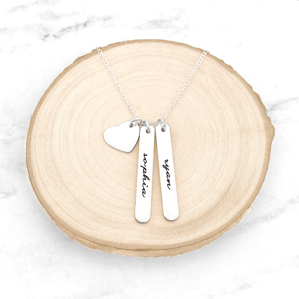 Personalized Kids Name Vertical Bar Necklace with Charm in Sterling Silver