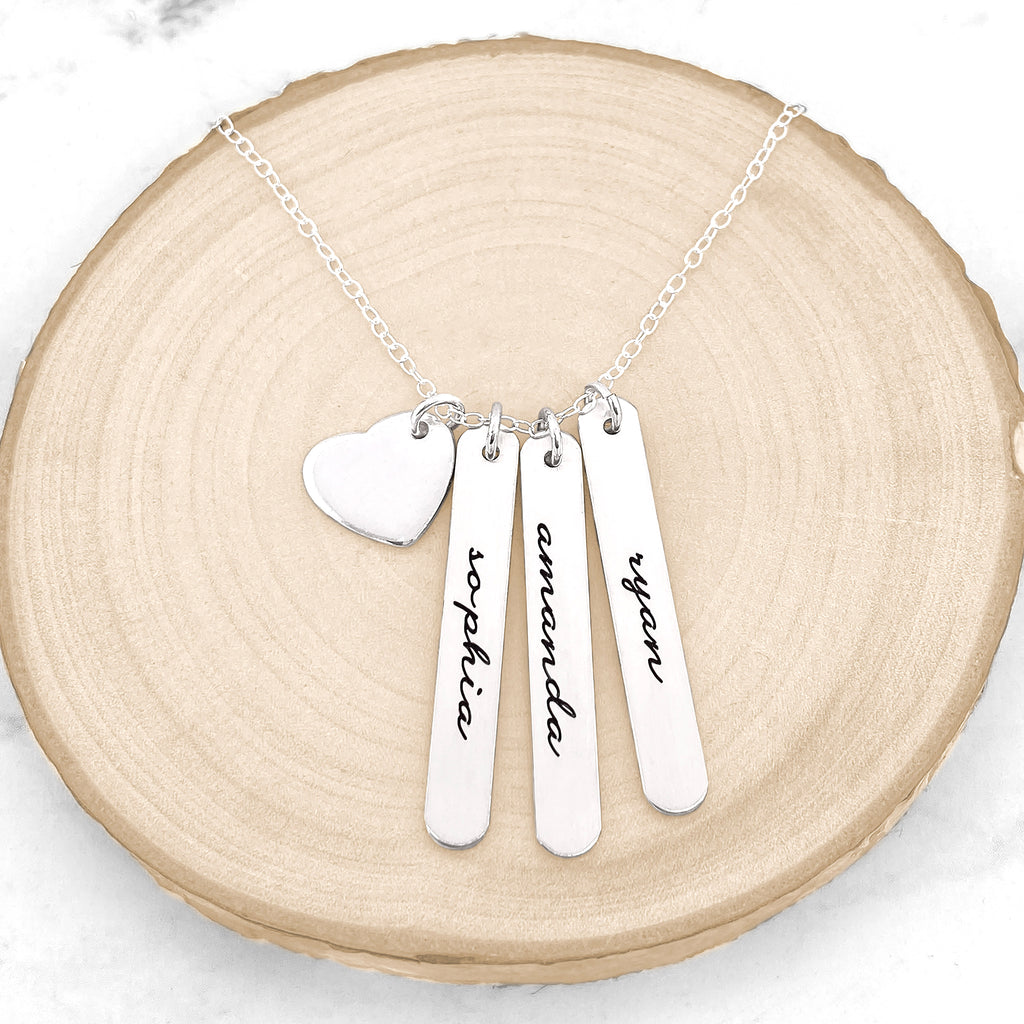 Personalized Kids Name Vertical Bar Necklace with Charm in Sterling Silver