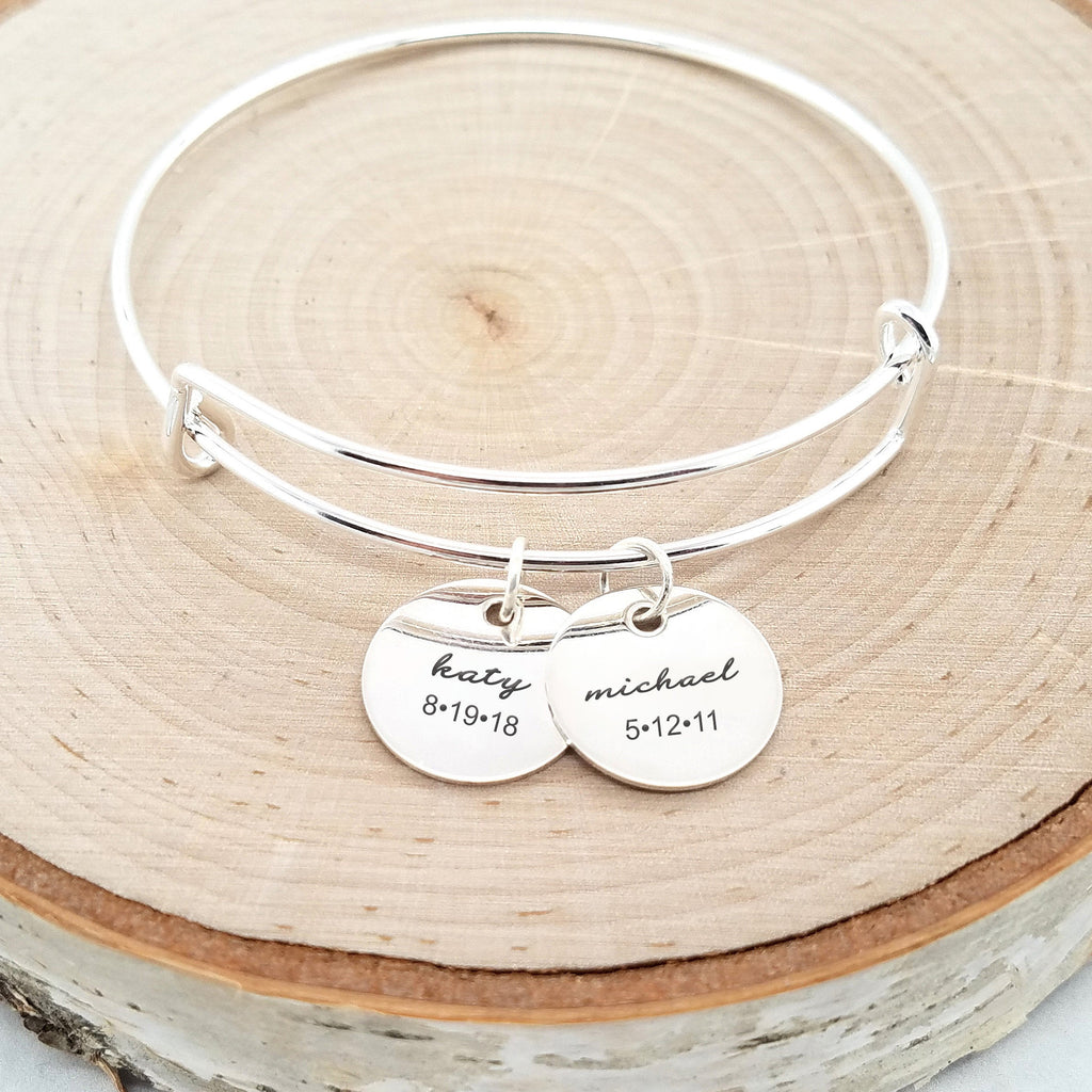 Personalized Silver Bangle - Kids Name & Date Bracelet