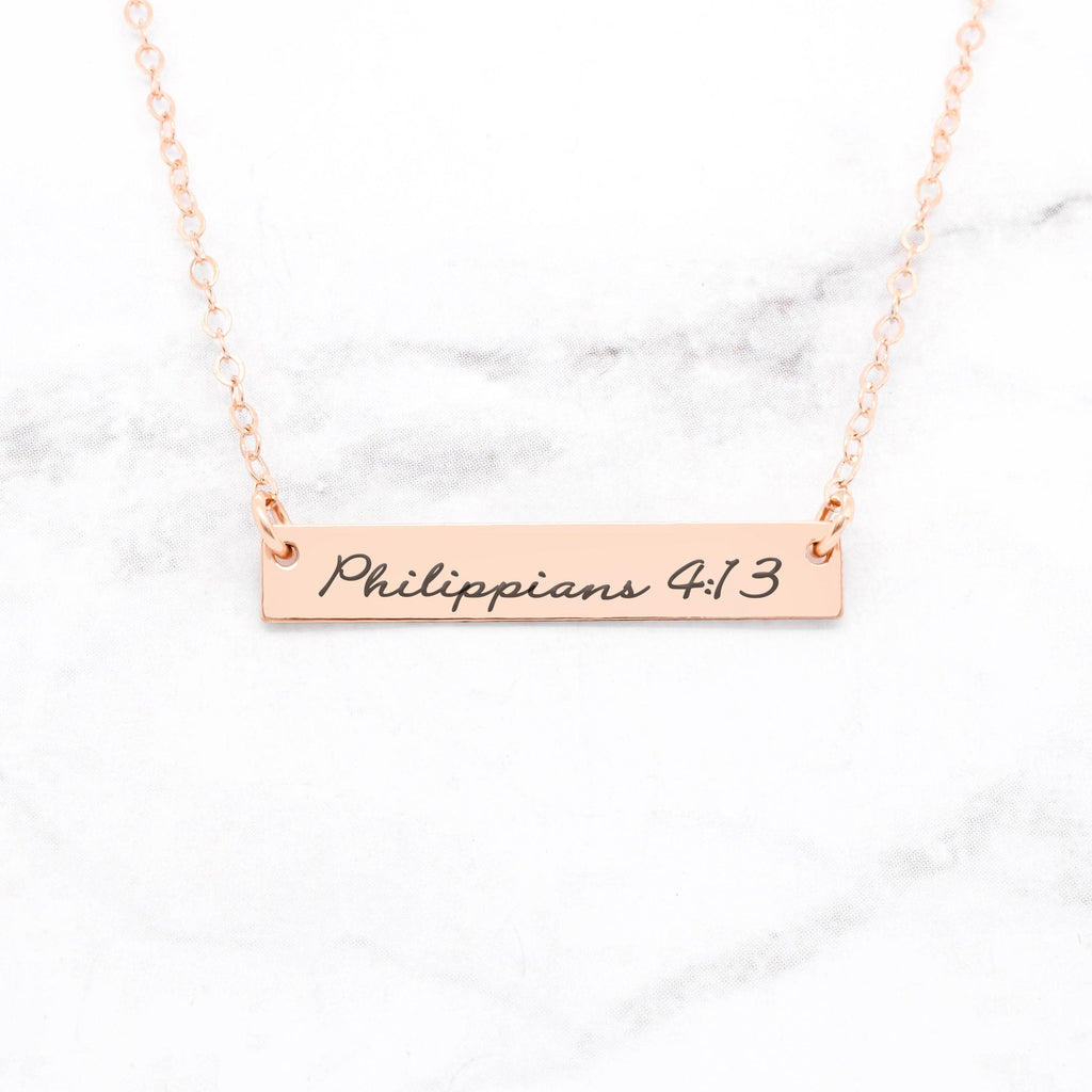 Philippians 4:13 Necklace - Rose Gold Bar Necklace