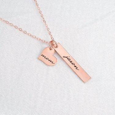 Nana Necklace or Mothers Necklace - Personalized Bar Necklace with Heart - Sterling silver, Gold, or Rose Gold