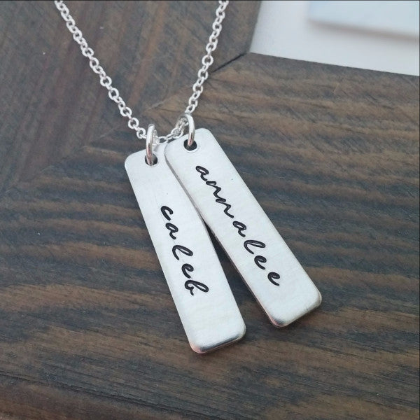 Hand Stamped Vertical Bar Necklace with Kids Names