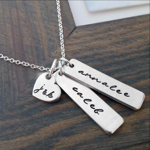 Personalized Vertical Bar Necklace with Kids Names and Parents Initials